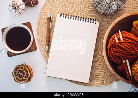 Autumn Journal, Journaling Techniques Tips for Writing Morning Pages in fall winter season. Open empty mockup notebook Morning Journal, coffee cup Stock Photo