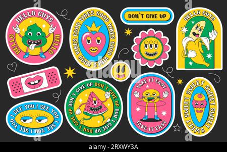 Psychedelic cartoon groovy stickers in retro style. Label or badge of trendy characters with funny faces. Hippy symbols in contemporary design isolated on black background. Vector set illustration. Stock Vector
