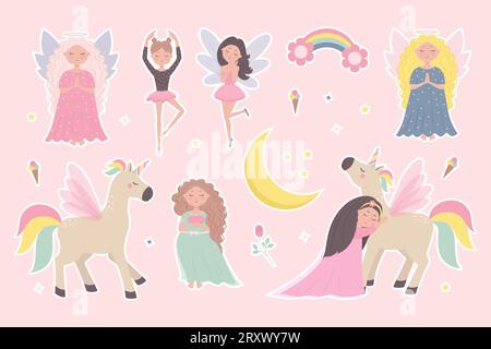 Sticker pack of fairies princesses and unicorns flat cartoon style. Vector illustration of cute children characters isolate Stock Vector