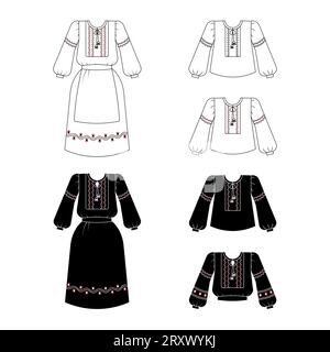 Embroidered shirts and dresses sketches, Set of Ukrainian national dress linear icons. Vector illustration isolate on white Stock Vector