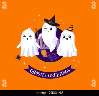 Halloween paper cut banner with cute kawaii ghosts. Delightfully spooky 3d vector papercut art features cute baby spooks wearing festive striped or witch hats and broom, charmingly eerie festive decor Stock Vector