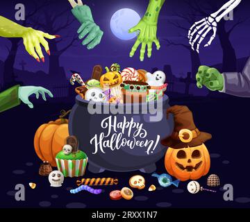 Halloween sweets with holiday monster hands for horror night trick or treat party, cartoon vector background. Happy Halloween spooky candy sweets in witch cauldron, pumpkin, ghost and skull lollipop Stock Vector