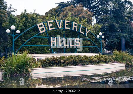 Beverly Hills sign stands majestically in the heart of Beverly Gardens Park Stock Photo