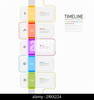 Vector light color time line with icons in five semi transparent matt glass rectangle blocks template  with icons, descriptions and rainbow colorful a Stock Vector