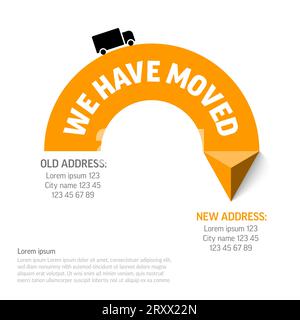 We are moving minimalistic flyer template with place for new company office shop location address. We are moved infographic with yellow triangle arrow Stock Vector