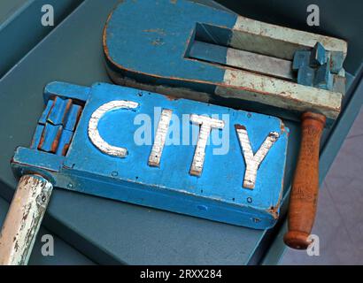 City wooden rattle - Manchester City Football club - Kippax St - Maine Road Stock Photo