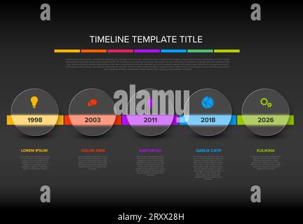 Vector dark color time line with icons in five semi transparent matt glass circles template  with icons, descriptions and rainbow colorful arrows time Stock Vector