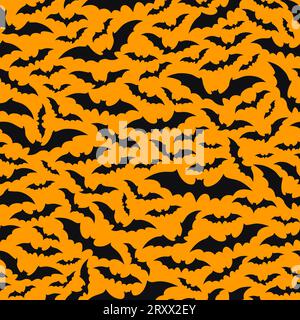 Halloween bats cloud seamless pattern background for horror night holiday, cartoon vector. Halloween and trick or treat party decoration pattern with black bats silhouette on orange background Stock Vector