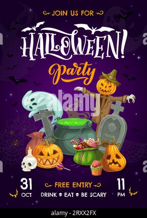 Monster pumpkins invite to Halloween party,banner, poster, greeting card.  Cute characters with speech bubble,spider, web and bat. Vegetables in  different poses,template for design.Vector illustration. Stock Vector