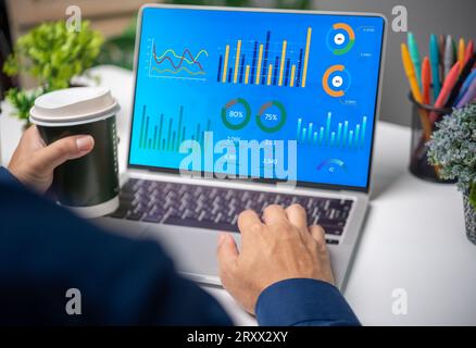 business analysis and Data Management System financial KPI data profits dashboard on computer. working with big data finance management technology. bu Stock Photo