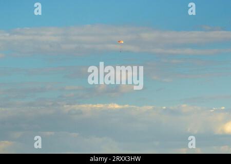 Zhezkazgan, Kazakhstan. 27 September, 2023. The Russian Soyuz MS-23 spacecraft carrying Expedition 69 crew floats back to earth following re-entry from space, September 27, 2023 in Zhezkazgan, Kazakhstan. Roscosmos cosmonauts Sergey Prokopyev, Dmitri Petelin and NASA astronaut Frank Rubio returned after 371 days aboard the International Space Station.  Credit: Bill Ingalls/NASA/Alamy Live News Stock Photo