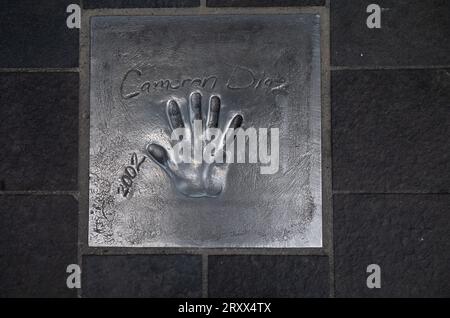 The handprint from famous American actress, producer, and author Cameron Diaz set into the pavement of The Allée des Étoiles (Avenue of the Stars) in Stock Photo