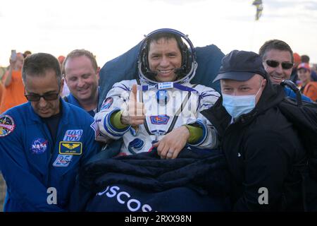 Expedition 69 NASA astronaut Frank Rubio is carried to a medical tent shortly after he, and Roscosmos cosmonauts Dmitri Petelin and Sergey Prokopyev landed in their Soyuz MS-23 spacecraft near the town of Zhezkazgan, Kazakhstan, on Wednesday, September 27, 2023. The trio are returning to Earth after logging 371 days in space as members of Expeditions 68-69 aboard the International Space Station. For Rubio, his mission is the longest single spaceflight by a U.S. astronaut in history. NASA Photo by Bill Ingalls/UPI Stock Photo