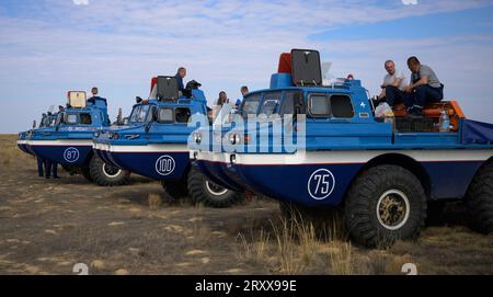 The Russian Search and Recovery Forces All Terrain Vehicle (ATV) team have lunch and prepare for the landing of Expedition 69 NASA astronaut Frank Rubio, Roscosmos cosmonauts Dmitri Petelin and Sergey Prokopyev, on Wednesday, September 27, 2023, outside of Zhezkazgan, Kazakhstan. The trio are returning to Earth after logging 371 days in space as members of Expeditions 68-69 aboard the International Space Station. For Rubio, his mission is the longest single spaceflight by a U.S. astronaut in history. NASA Photo by Bill Ingalls/UPI Stock Photo