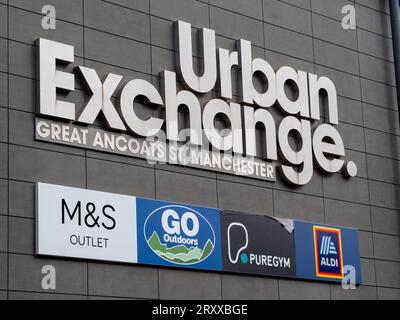 Urban Exchange retail outlets on Great Ancoats Street in Manchester home of M&S Go outdoors and Aldi Stock Photo