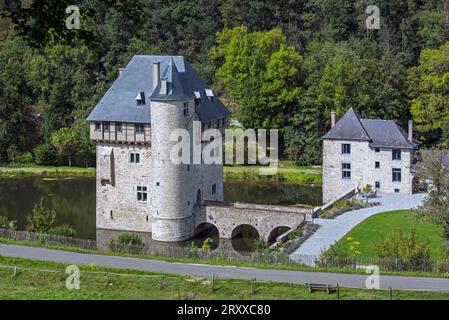 13th century Château des Carondelet, medieval moated donjon in the village Crupet, Assesse, province of Namur, Belgian Ardennes, Wallonia, Belgium Stock Photo