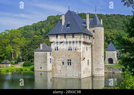 13th century Château des Carondelet, medieval moated donjon in the village Crupet, Assesse, province of Namur, Belgian Ardennes, Wallonia, Belgium Stock Photo