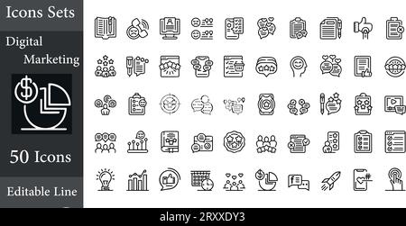 Digital marketing icon set. Containing seo, content, website, social media, sales and online advertising. Solid vector symbol collection. Stock Vector