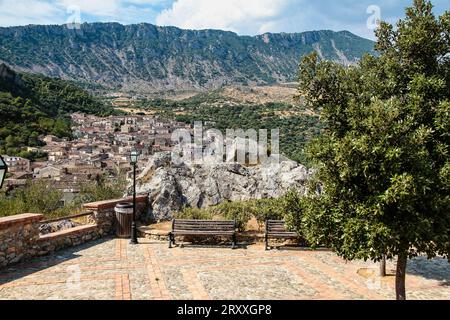 View of the village Civita, District of Cosenza, the Pollino National Park, Calabria, Italy in Europe Stock Photo