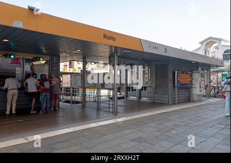 Rialto Vaporetto landing stage station nearest to Rialto bridge on the Canal Grande in Venice in the Veneto region of northern Italy. The Vaporetto is Stock Photo