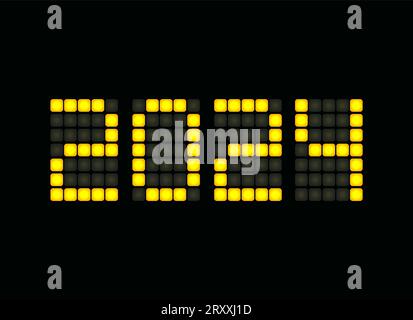 Vibrant LED clock displaying 2024, bright yellow digits on a sleek digital screen set against a dark background. Perfect for greeting card and 2024 Stock Vector