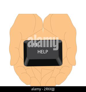 Hands holding the F1 help button key from a keyboard Stock Vector