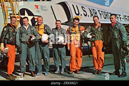 The Original Seven Mercury Astronauts NASA, 1961 lithograph postcard. Stock Photo