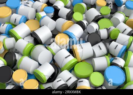 Pile of colorful plastic cans or buckets on white background. 3d render of renovation apartment concept and interior design Stock Photo