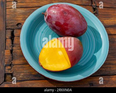 Mangos (Mangifera indica) on plate, yellow flesh, red skin, Osteen variety Stock Photo