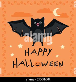 Halloween greeting card with a cute bat and hand drawn letters. Frame of skulls. Vector illustration Stock Vector
