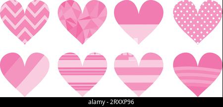 Pink heart icon set with various patterns. Dots, stripes and low poly ornaments. Decoration elements for greeting and love cards isolated on white bac Stock Vector