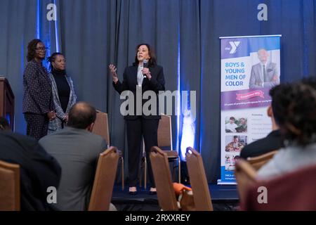 United States Vice President Kamala Harris addresses a convening of the YMCA’s Initiative on Boys and Young Men of Color (BYMOC) in Washington, DC, September 27, 2023. Credit: Chris Kleponis / Pool/Sipa USA Stock Photo
