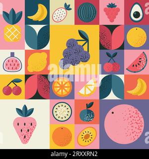 Abstract geometric pattern with fruits in Bauhaus style. Stock Vector