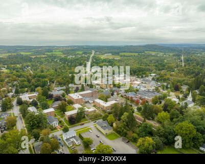 An aerial of a lake in upstate New York during the colorful fall ...