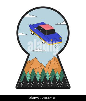 Levitating retro car in keyhole shape 2D linear illustration concept Stock Vector