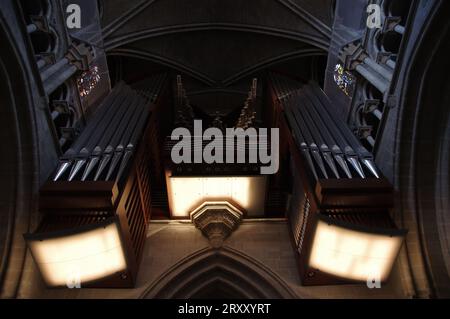 LAUSANNE, SWITZERLAND - AUGUST 6, 2023: Modern pipe organ of the Notre Dame Gothic Cathedral Stock Photo