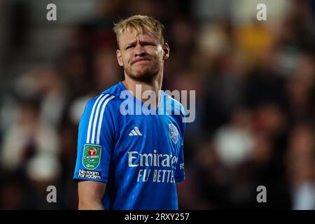 Arsenal Goalkeeper Aaron Ramsdale during the Brentford FC v Arsenal FC Carabao Cup Round 3 match at Gtech Community Stadium, London, England, United Kingdom on 27 September 2023 Stock Photo