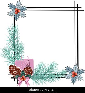 Christmas frame with fir branches, candles, and pine cones. Vector illustration. Stock Vector