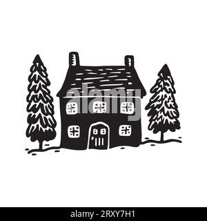 Quirky rural cabin holiday home vector illustration. Block print real estate graphic for scandi winter scene doodle, whimsy minimal stylized domestic Stock Vector