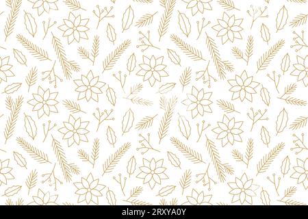 golden winter, christmas seamless pattern with poinsettia flowers and floral branches; great for greeting cards wrapping paper, wallpaper- vector illu Stock Vector