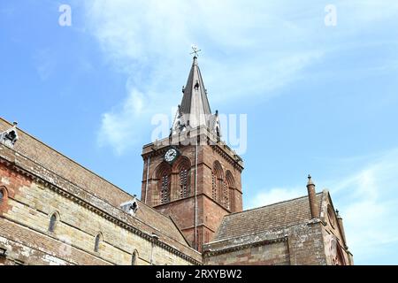 The cathedral tower of St Magnus, Kirkwall on the Scottish island of Orkney.  The cathedral is the only complete medieval cathedral in Scotland. Stock Photo