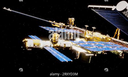 The International Space Station (ISS) is a space station, or a habitable artificial satellite, in low Earth orbit. Research laboratory. 3d Stock Photo