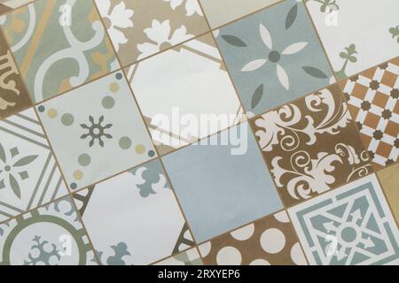 Decorated tiles wall in a close up view Stock Photo