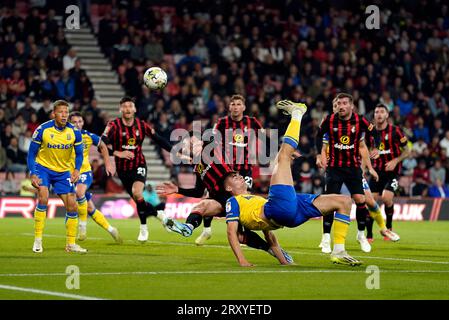 Stoke City's Nathan Lowe attempts an over head kick at goal during the Carabao Cup third round match at the Vitality Stadium, Bournemouth. Picture date: Wednesday September 27, 2023. Stock Photo