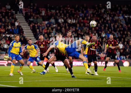 Stoke City's Nathan Lowe attempts an over head kick at goal during the Carabao Cup third round match at the Vitality Stadium, Bournemouth. Picture date: Wednesday September 27, 2023. Stock Photo