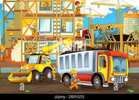 cartoon scene with construction site with car vehicle working in the city illustration for kids Stock Photo