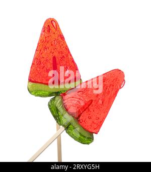 Lollipops in shape of watermelon slice on white background Stock Photo