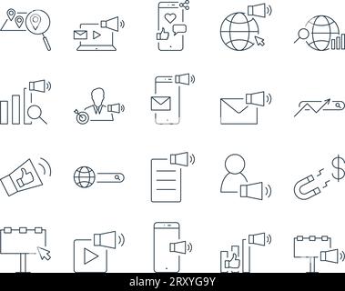 Marketing Icons Set. Advertising, Promotion, Campaign, Media. Editable Stroke. Simple Icons Vector Collection Stock Vector