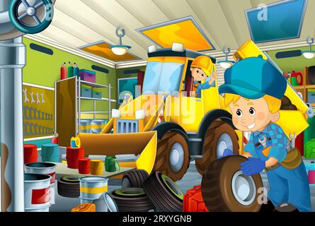 cartoon scene with construction site with car vehicle working in the city illustration for kids Stock Photo