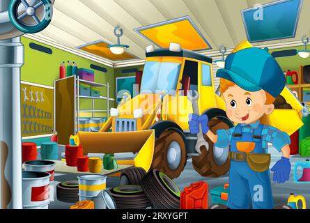 cartoon scene with construction site with car vehicle working in the city illustration for kids Stock Photo